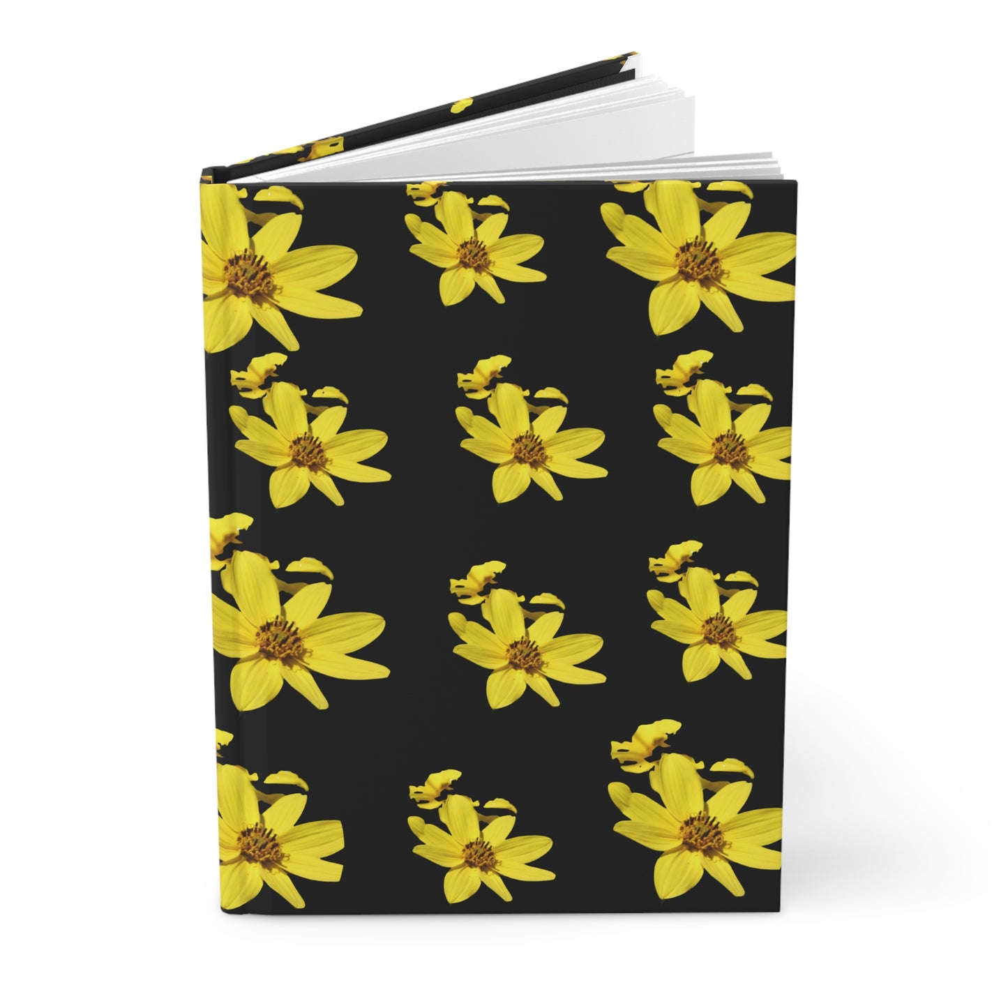 Notebook with yellow flower pattern on a black background