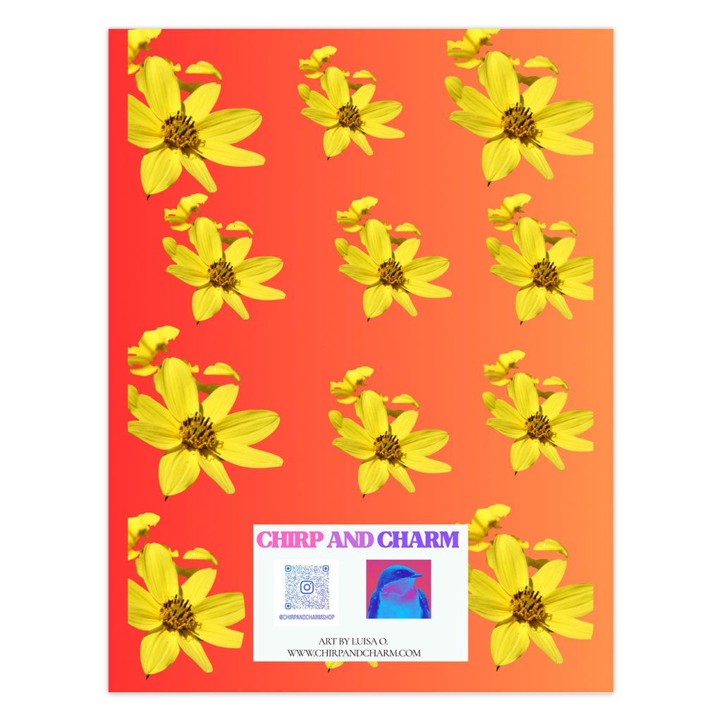 Pattern of yellow flowers on an orange ombré background with 'Chirp and Charm' branding.
