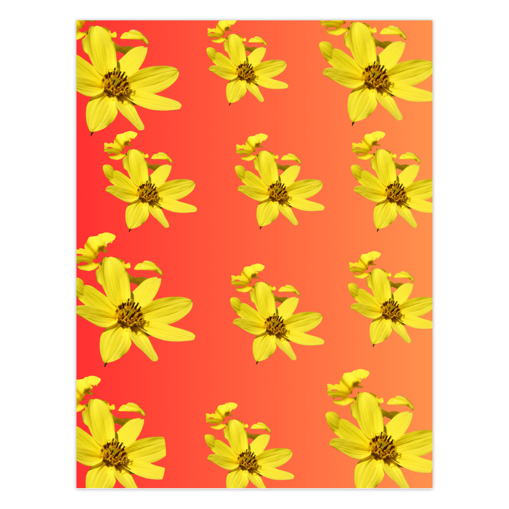 Pattern of yellow flowers on am orange ombré background. 
