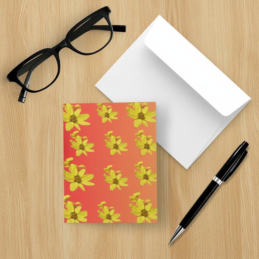 Folded card with yellow floral sunflower  pattern on a orange ombre background along with glasses, a white envelope, and pen on a light wooden desk. 