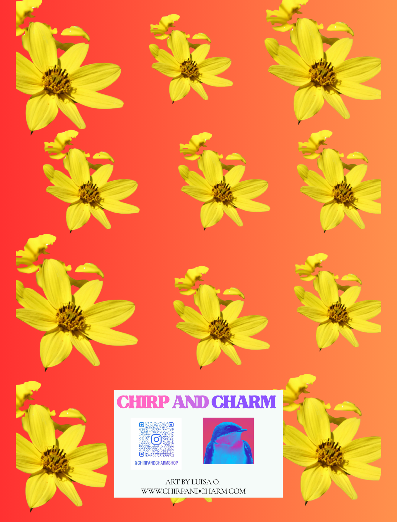 Back of greeting card with a pattern of yellow sunflowers on a red background with 'Chirp and Charm' branding.