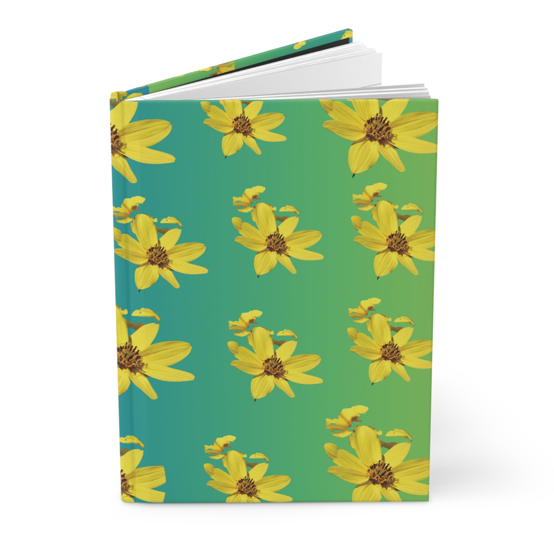 Notebook with yellow flower pattern on a green background