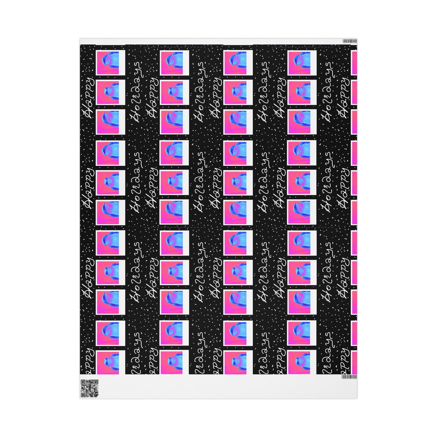 Happy Holidays wrapping paper featuring a pop art tree swallow in polaroids on a black background with white dots representing snow. 