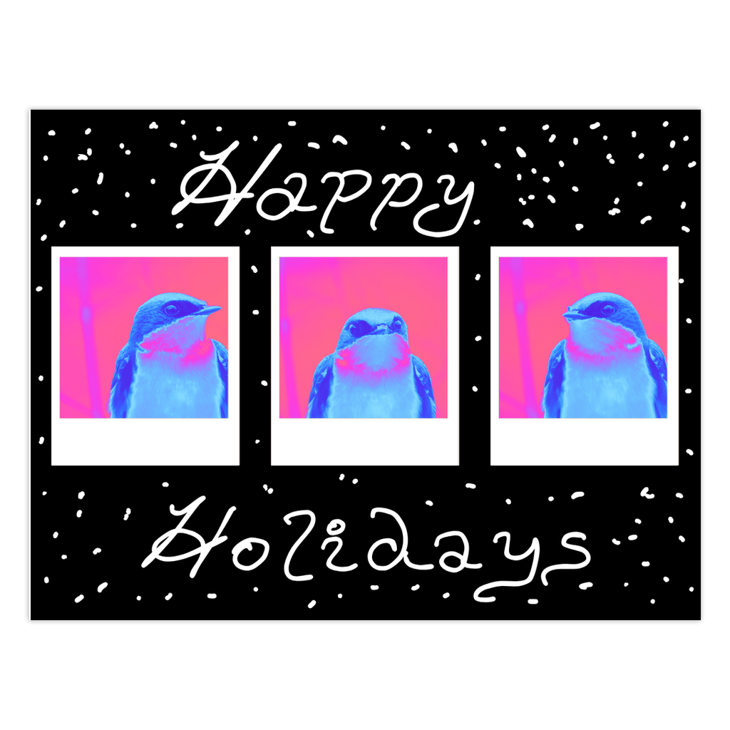 Holiday card with tree swallow illustrations and 'Happy Holidays' text on a black background.
