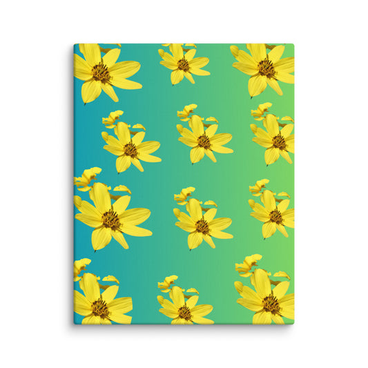 Canvas print with a pattern of yellow flowers on a green and blue gradient background