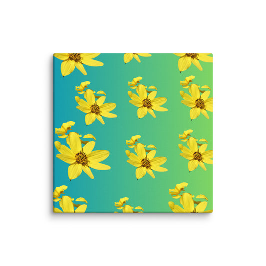 Canvas print with yellow floral pattern on a green and blue gradient background