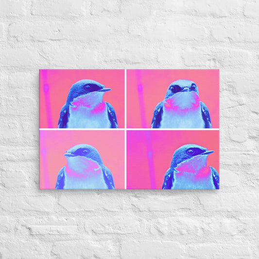 A canvas wrap with four images of a blue bird with a pink background in a pop art style on a white textured wall.