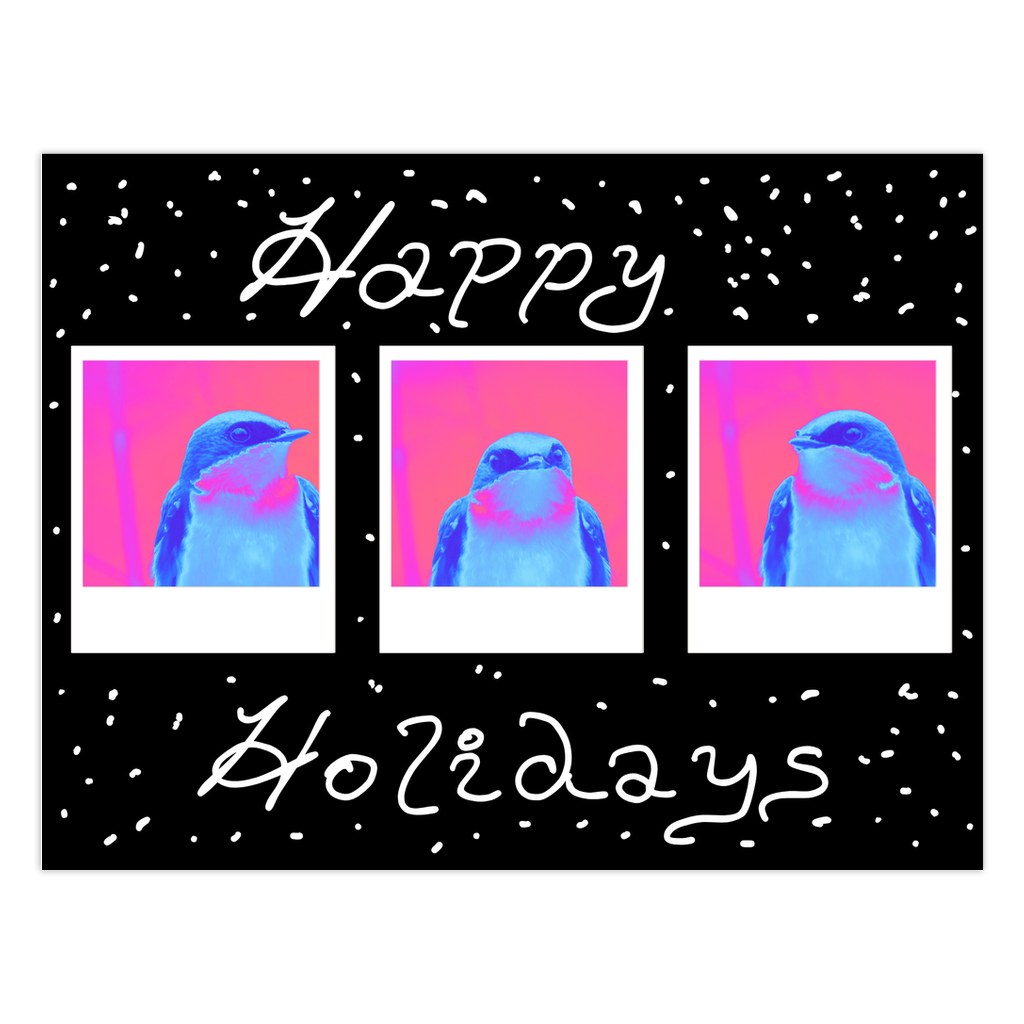 Holiday card with tree swallow illustrations and 'Happy Holidays' text on a black background.