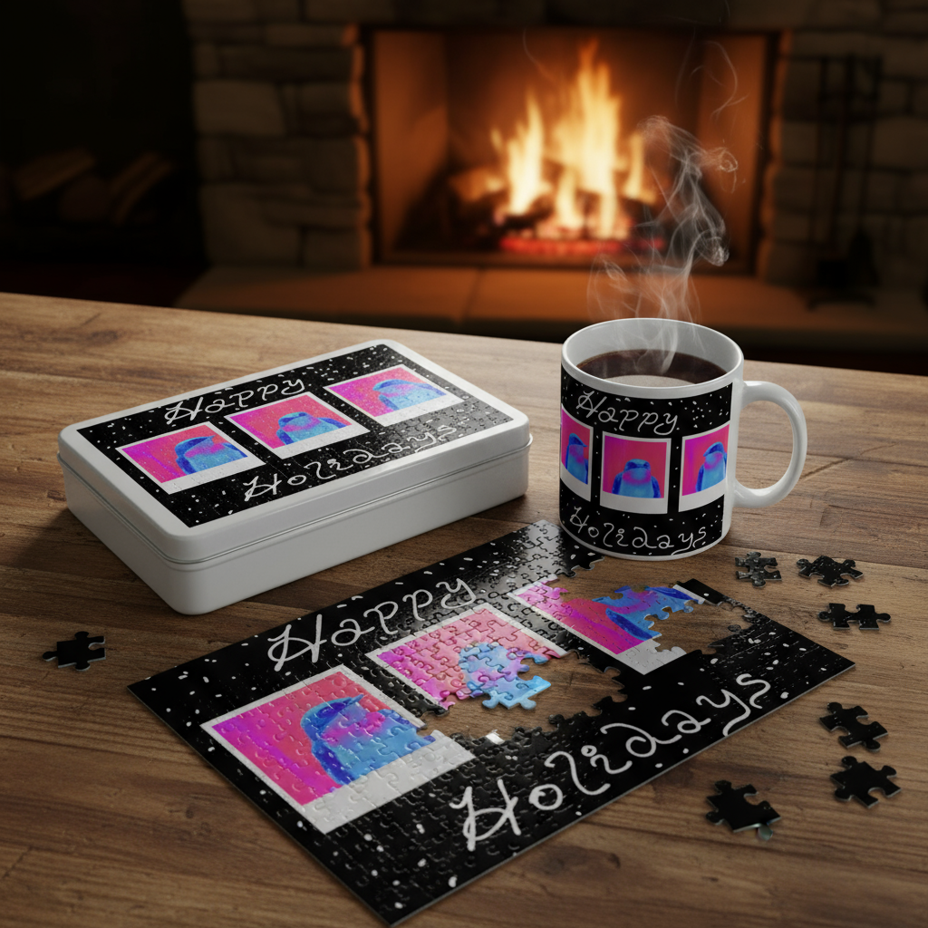Cozy desk mockup with puzzle tin, mug, and partially completed puzzle near fireplace