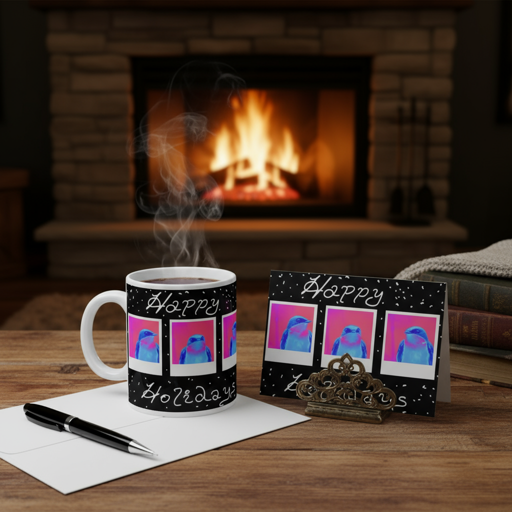 Cozy desk mockup with Tony the Tree Swallow Happy Holidays card and mug near fireplace