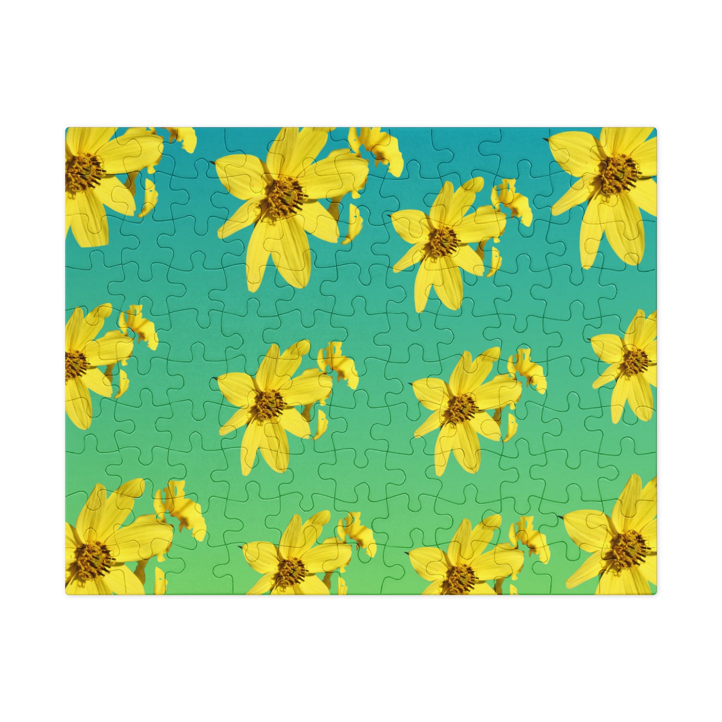 Jigsaw puzzle with yellow flowers on a green background