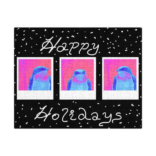 Jigsaw puzzle with a tree swallow design and 'Happy Holidays' text on a black background
