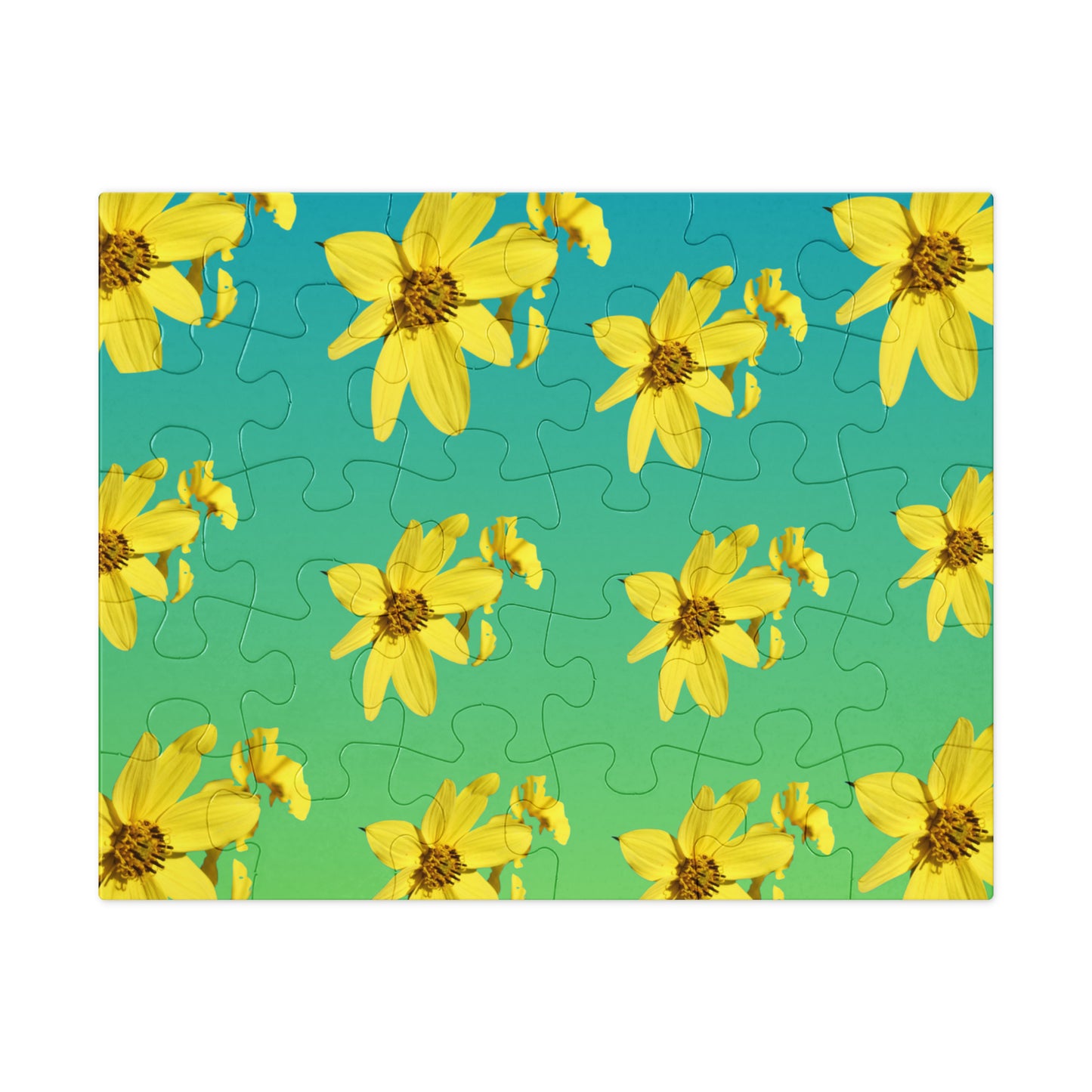 Jigsaw puzzle with yellow flowers on a green and blue background