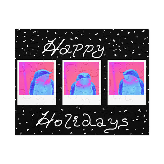 Jigsaw puzzle with a festive tree swallow design and 'Happy Holidays' text on a black background