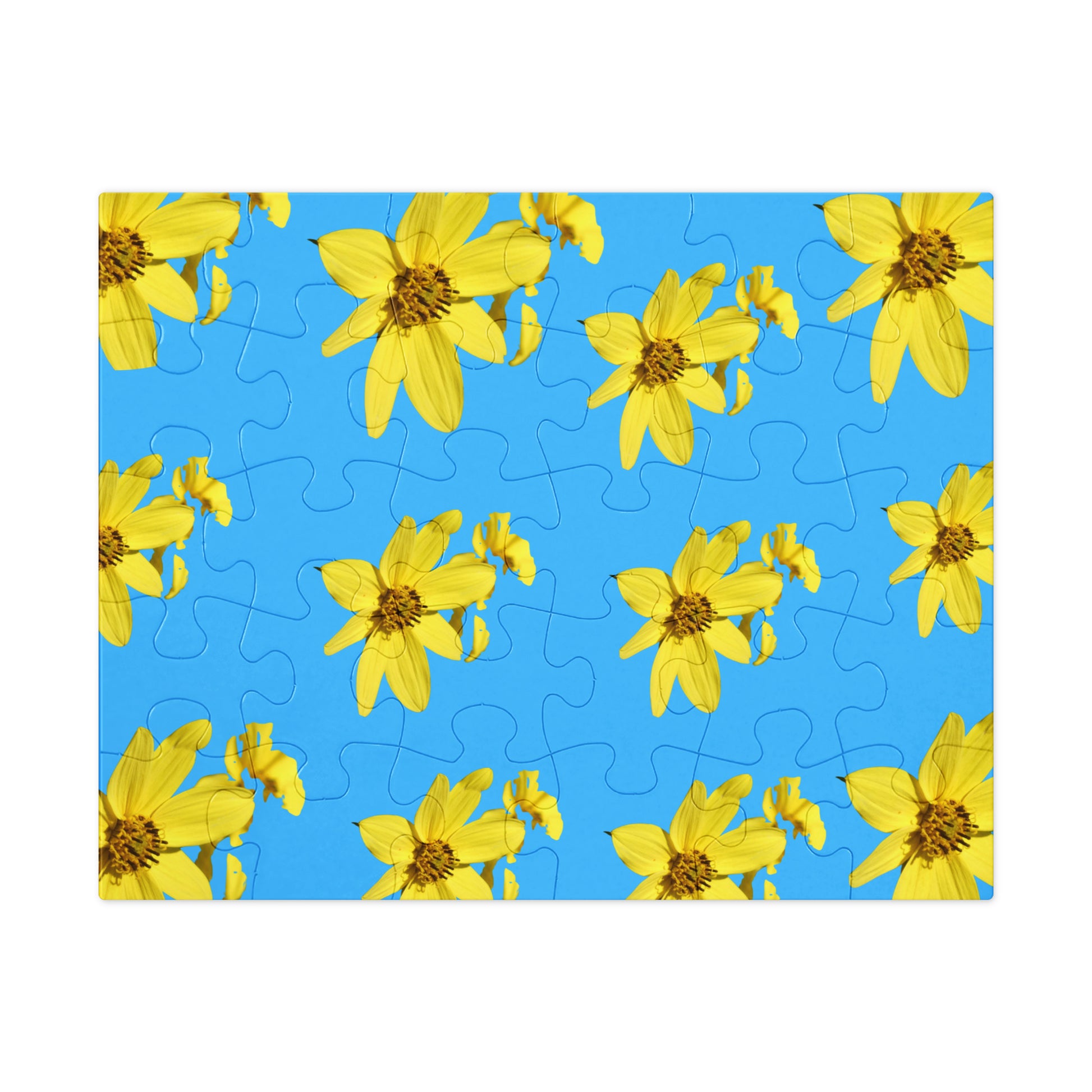 Jigsaw puzzle with yellow flowers on a blue background