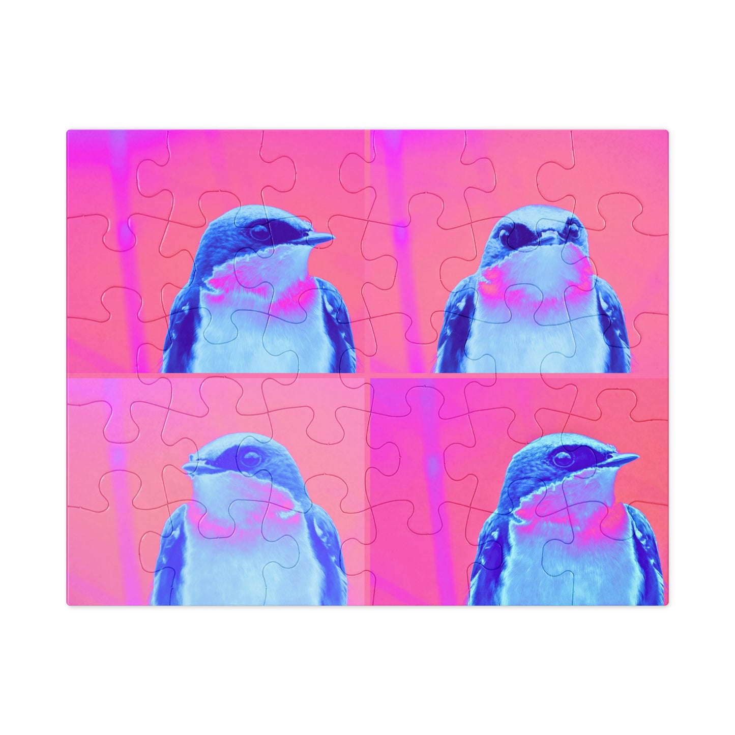 Jigsaw puzzle with a bird design on a pink and purple gradient background