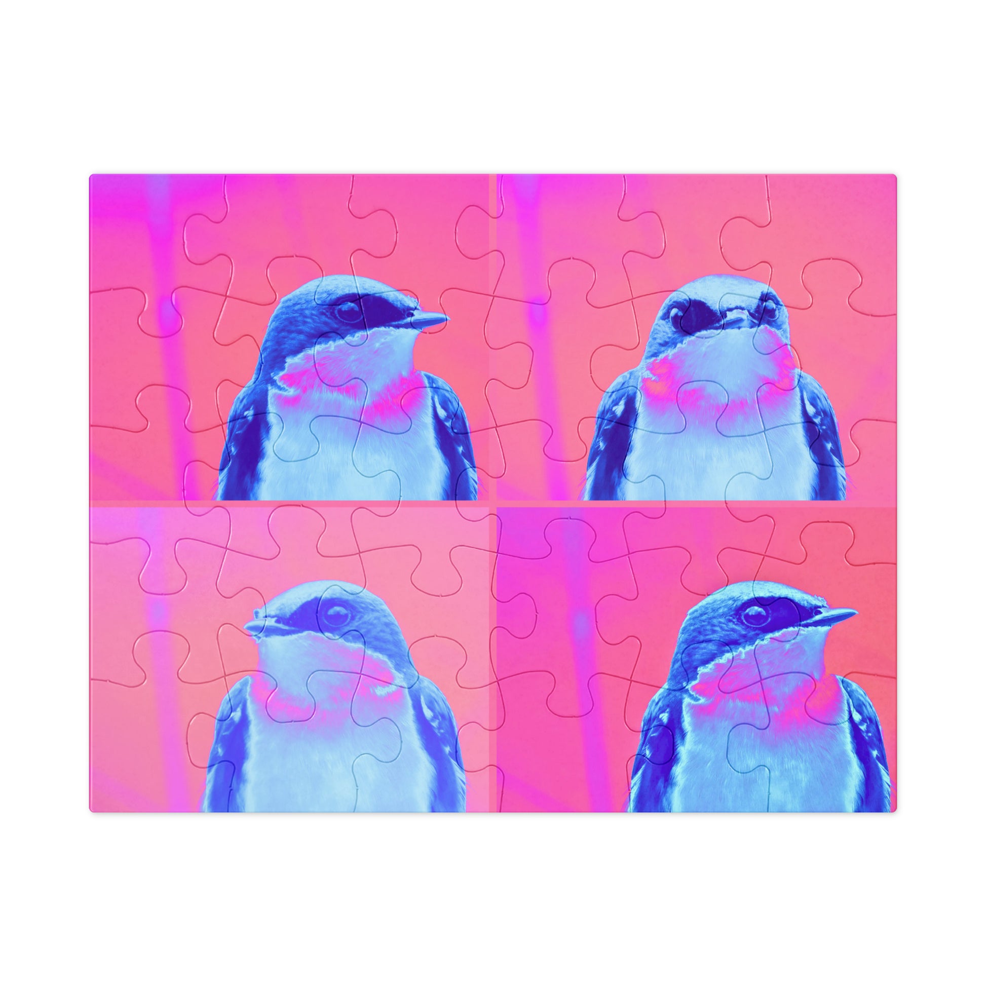 Jigsaw puzzle with a bird design on a pink and purple gradient background