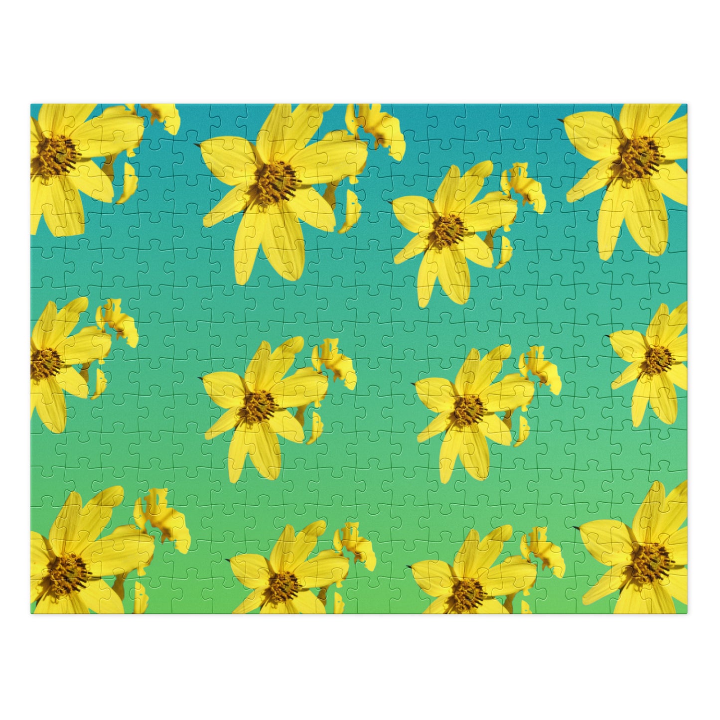 Jigsaw puzzle with yellow flowers on a green and blue background