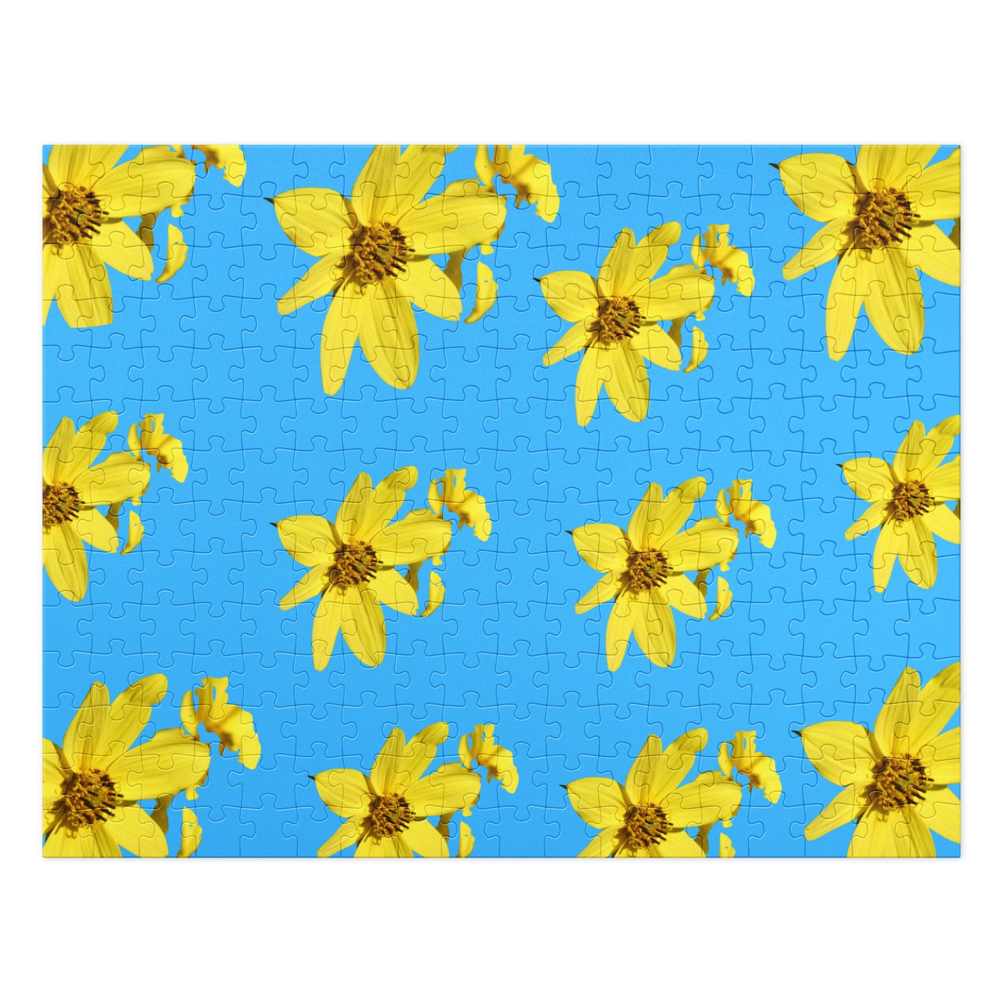 Jigsaw puzzle with yellow flowers on a blue background