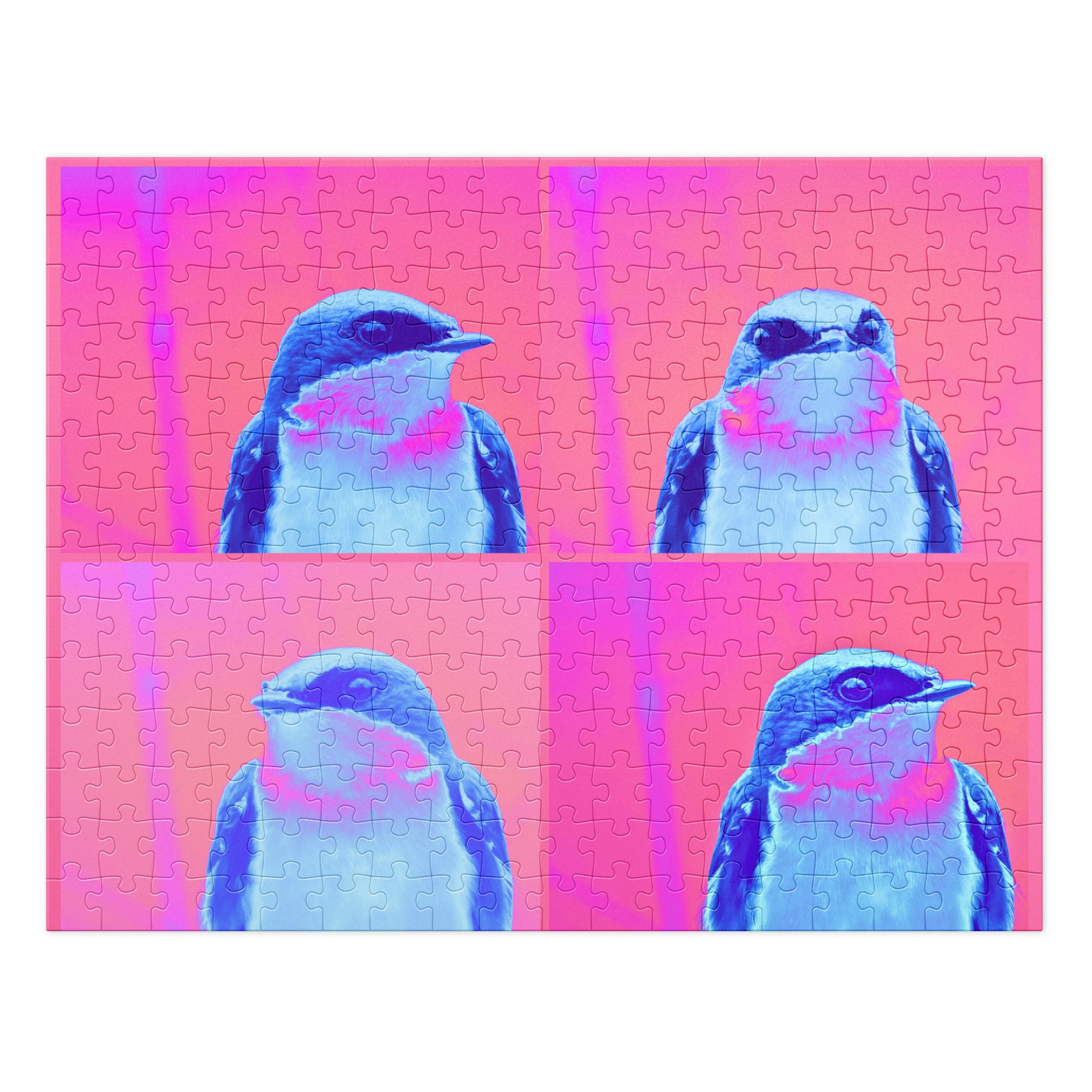 Jigsaw puzzle with a blue bird design on a pink background with a pop art style. 