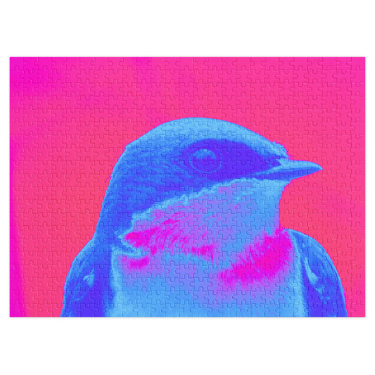 A pop art styled puzzle featuring a large close up profile of a bright blue and white tree swallow on a bright pink background. 