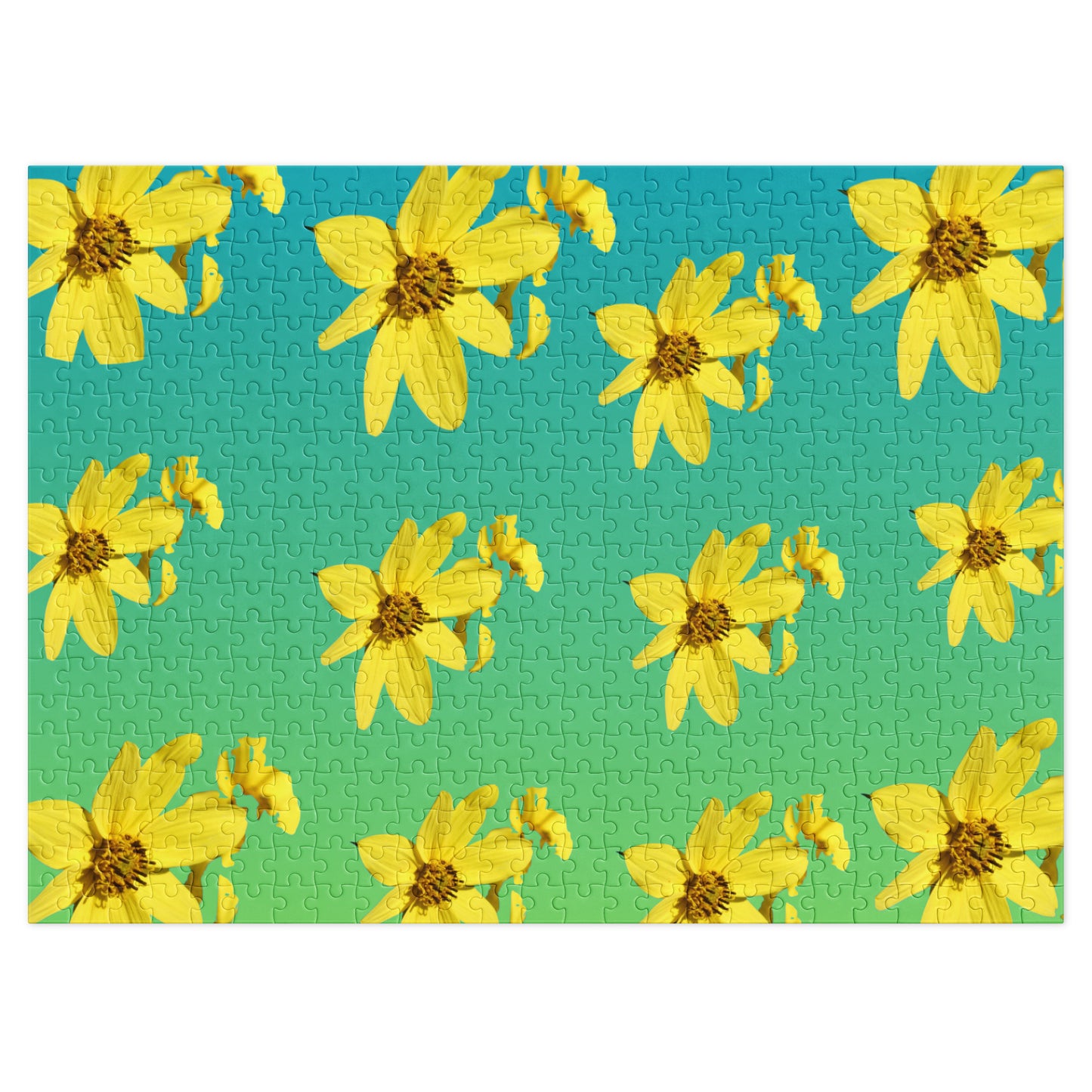 Jigsaw puzzle with yellow flowers on a green and blue background