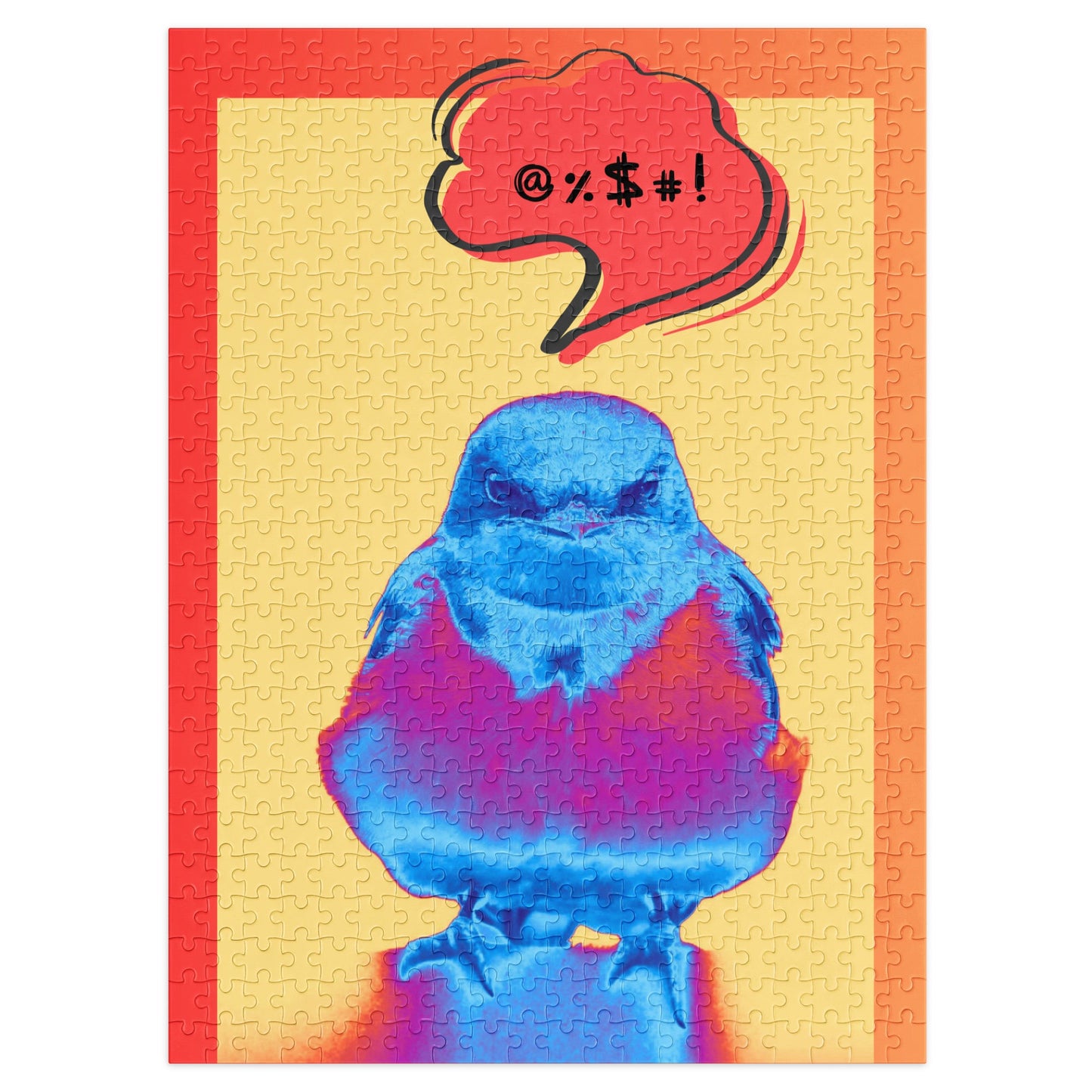 Puzzle featuring an angry looking pop art comic styled barn swallow with a thought bubble with symbols representing swearing over his head. 