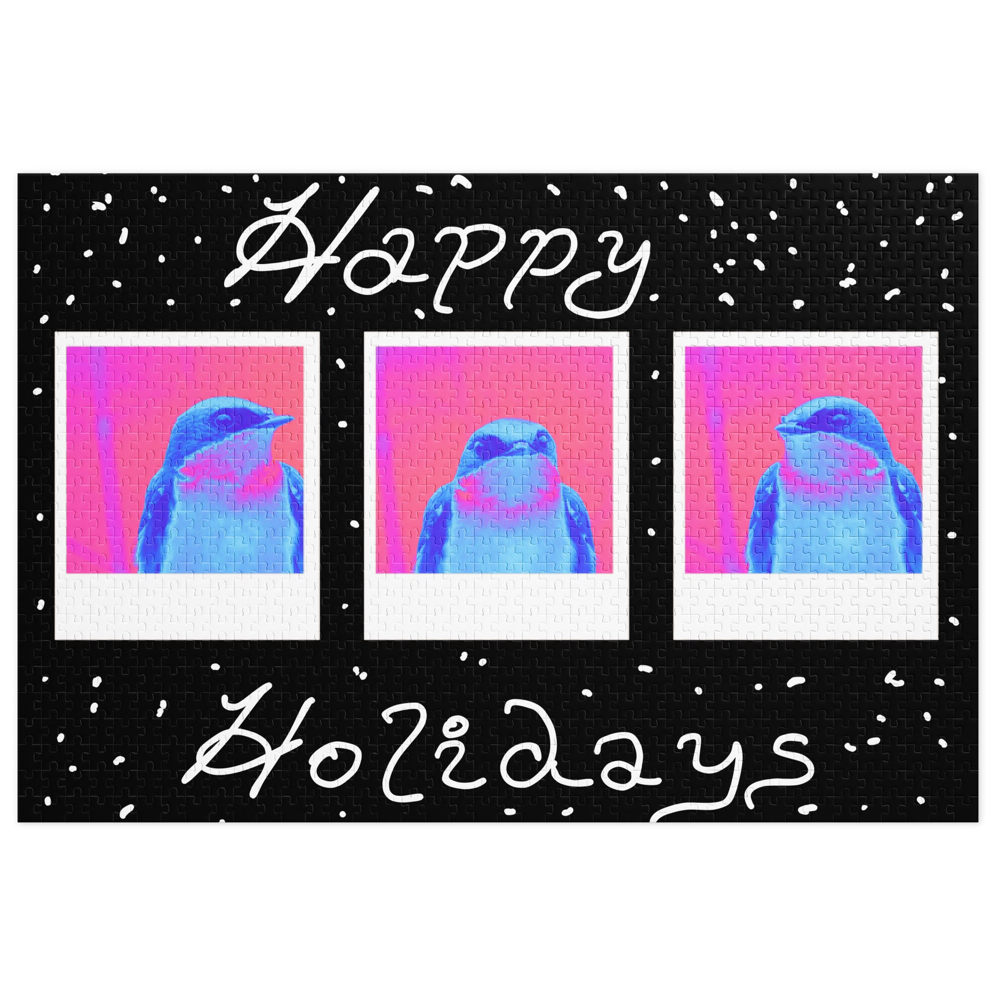 Holiday puzzle with tree swallow illustration and 'Happy Holidays' text on a black background.