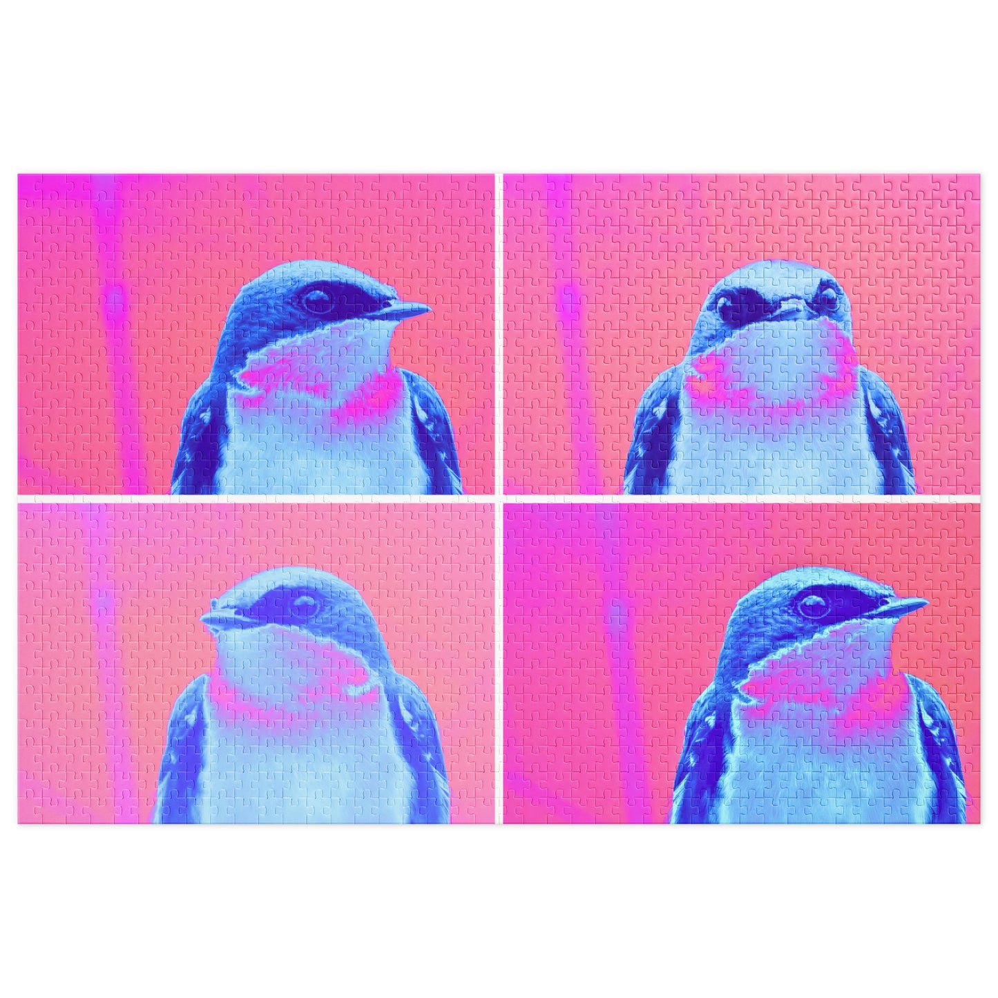 Four identical panels of a bird on a pink and purple abstract background