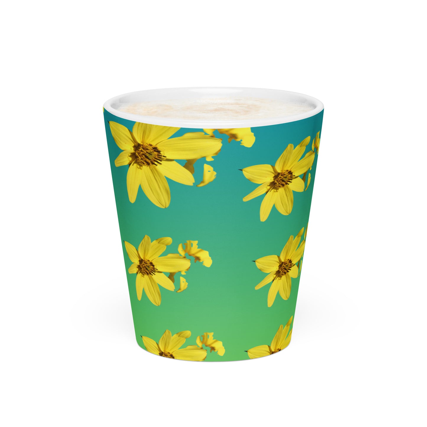 Green mug with yellow floral pattern on a white background