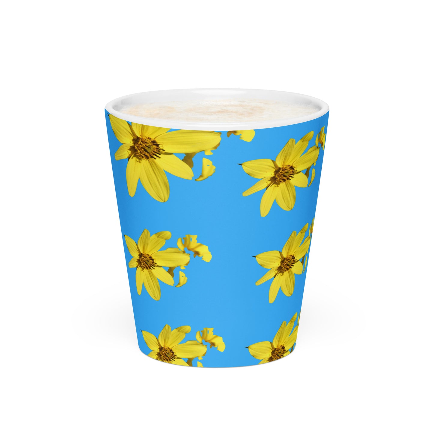 Blue mug with yellow floral pattern on a white background
