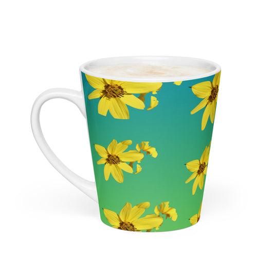 Mug with yellow floral design on a green background