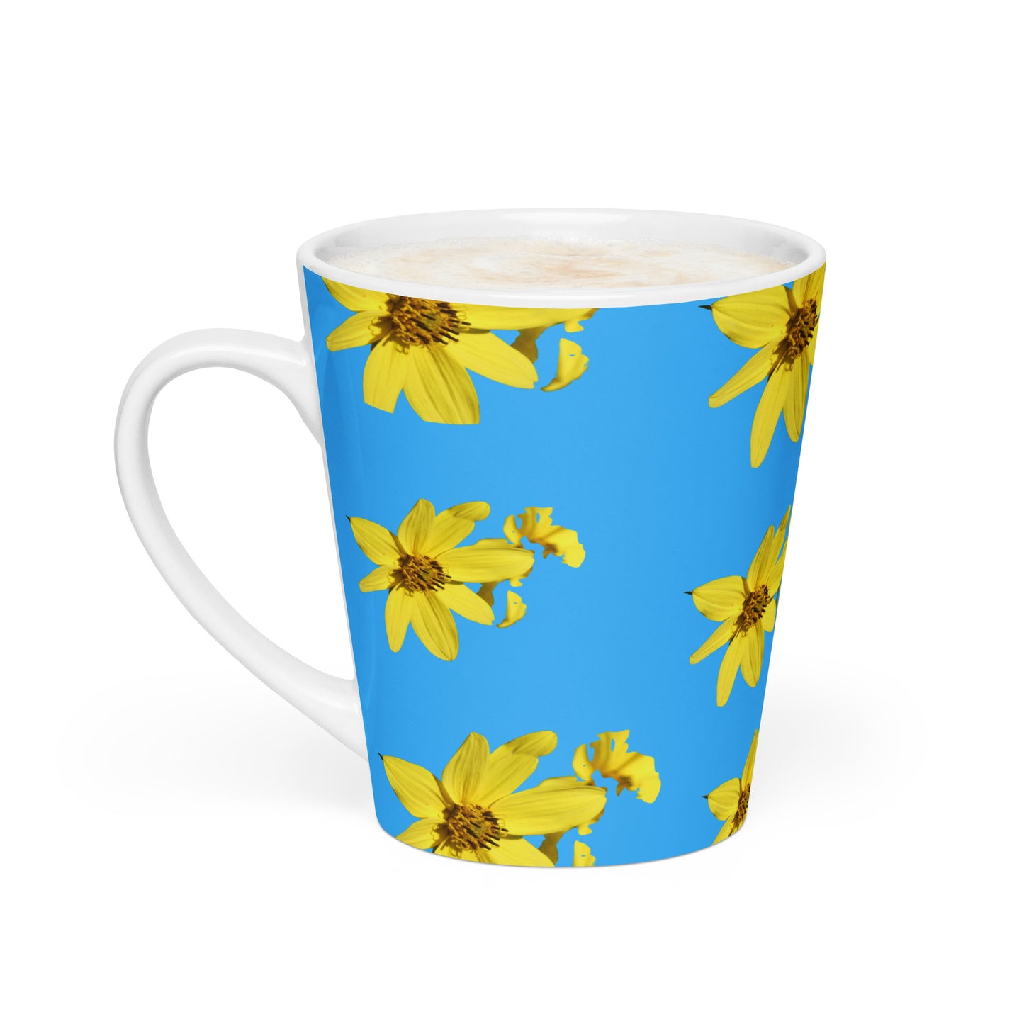 Blue mug with yellow floral design and a white handle  on a white background