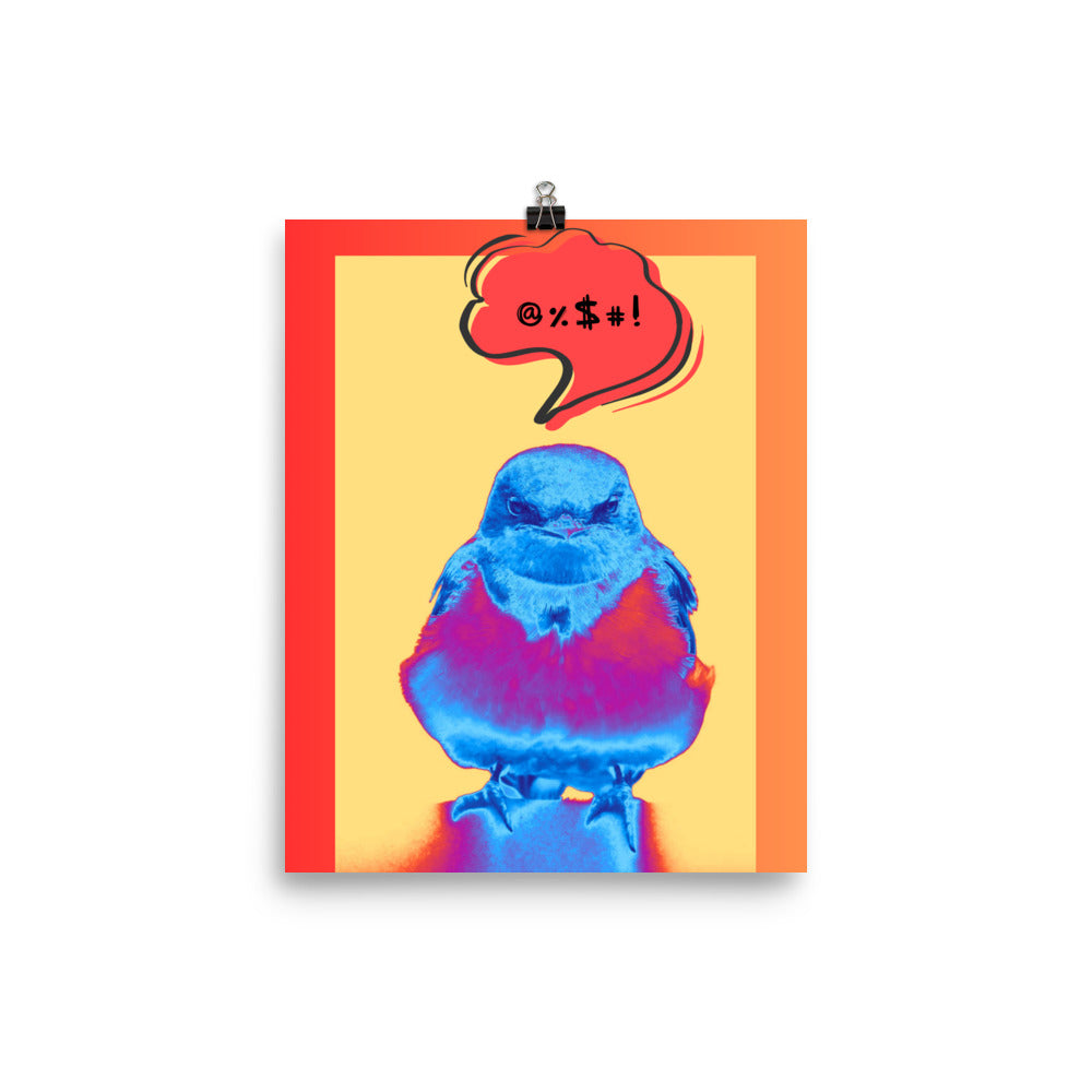 Poster featuring an angry looking pop art comic styled barn swallow with a thought bubble with symbols representing swearing over his head. 