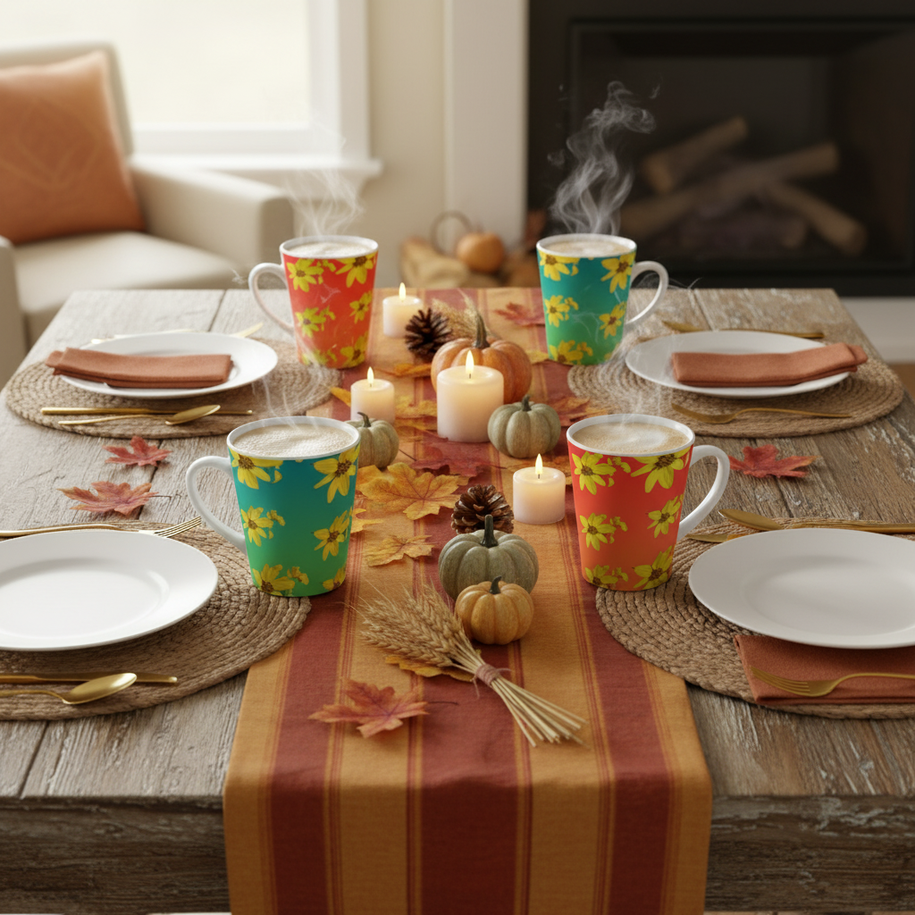 Thanksgiving table setting with Chirp and Charm latte mugs and votive candles