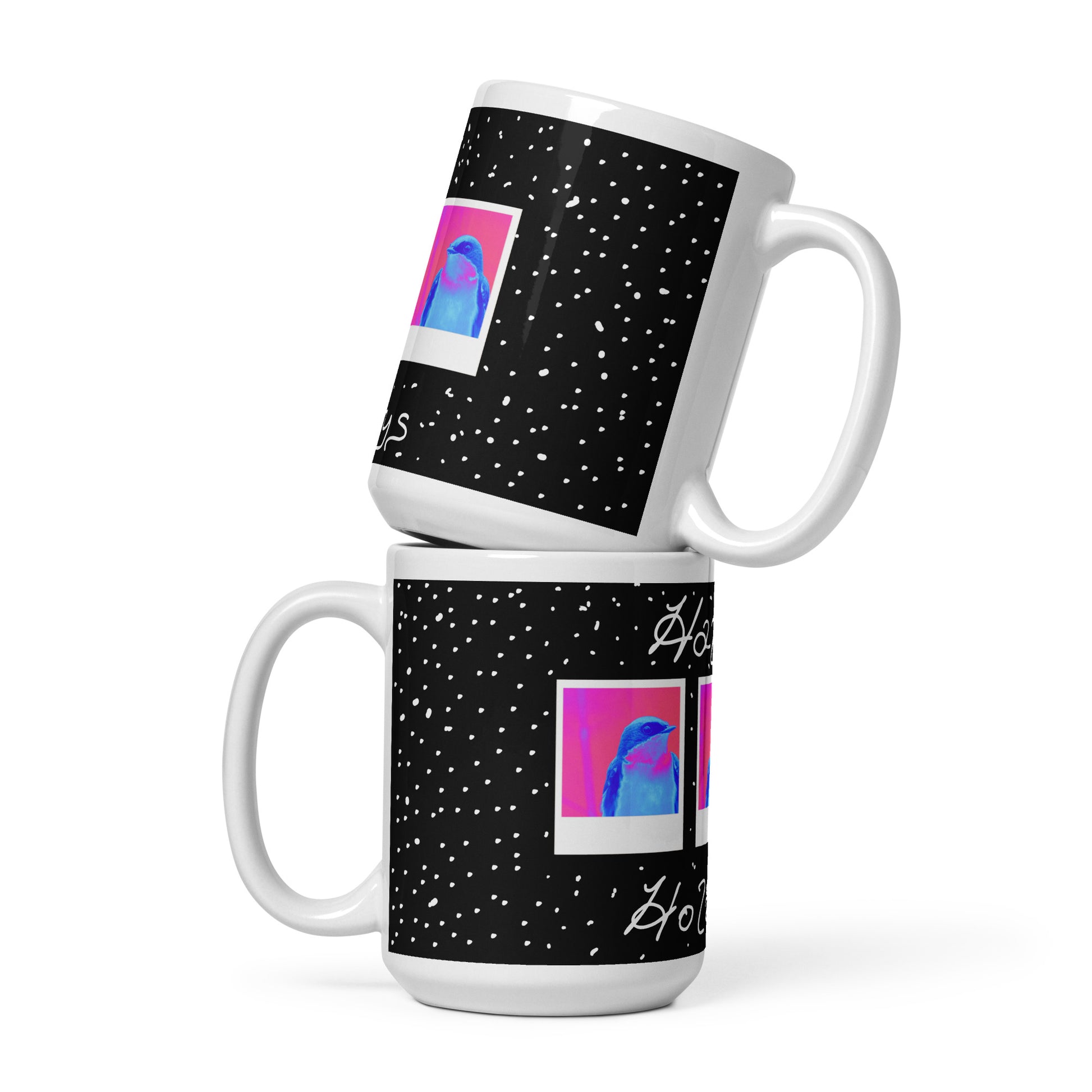 Two stacked mugs with a black design featuring colorful abstract art on a white background